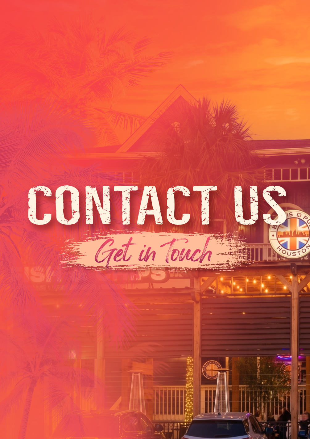 Contact Us text with sunset background and palm trees.