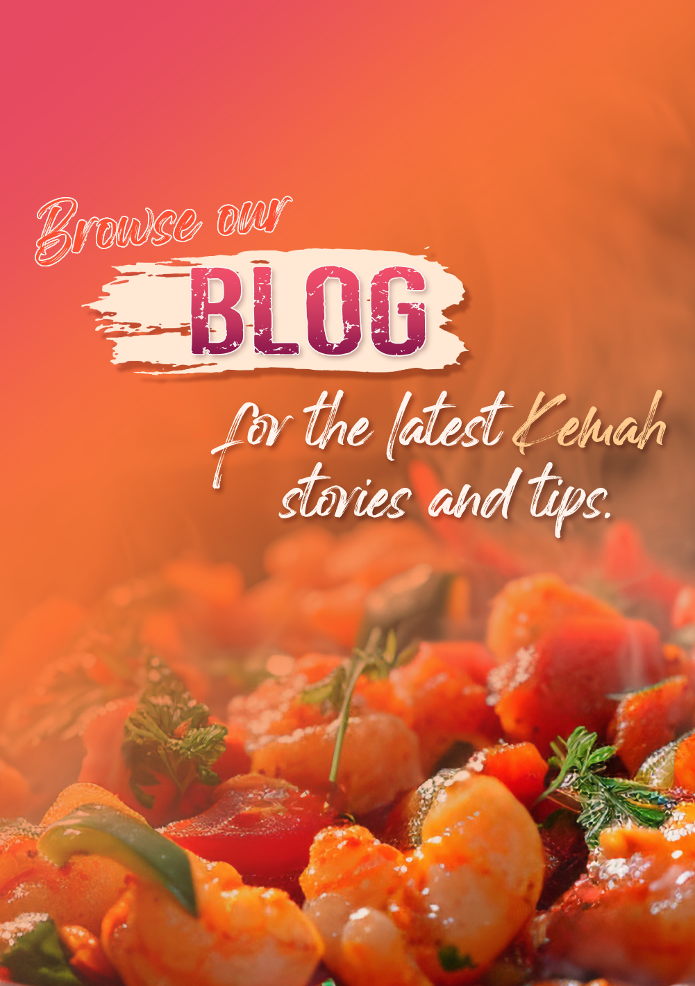 Colorful seafood dish with text promoting a blog about Kemah stories and tips.