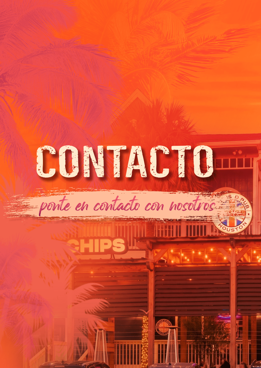 Colorful sign with 'Contacto, ponte en contacto con nosotros' overlaid on a building.
