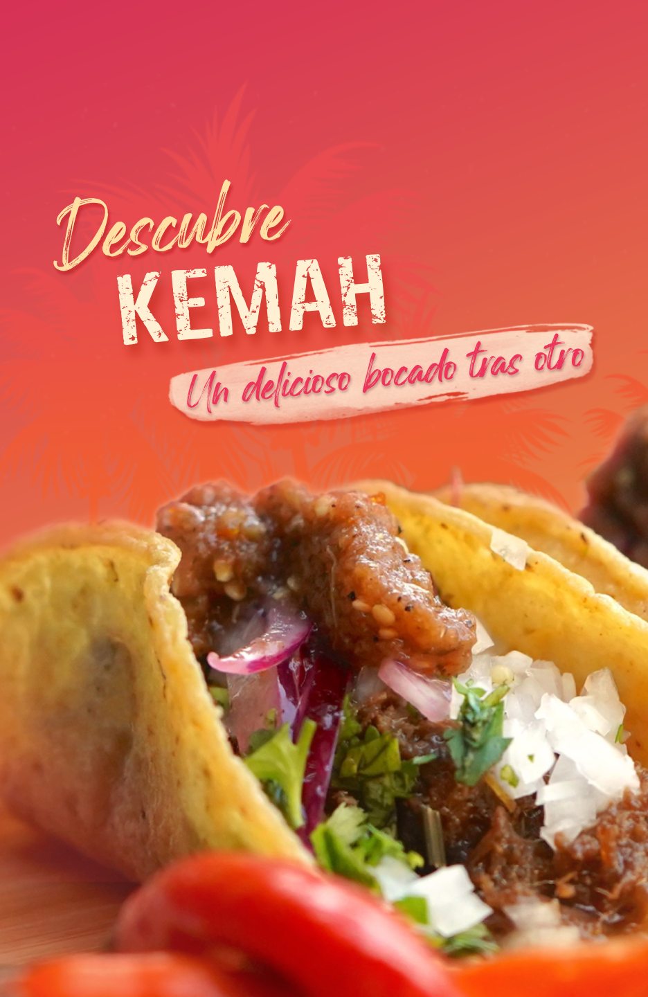 Close-up of a taco with text 'Descubre Kemah' on a pink gradient background.