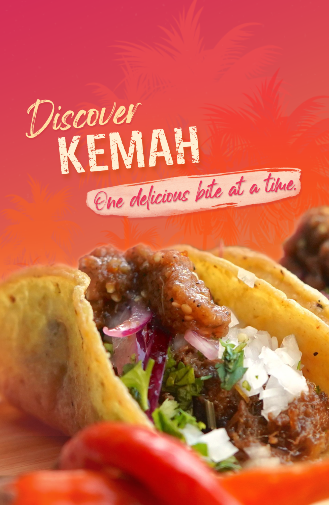Close-up of a taco with onions and cilantro, text: 'Discover Kemah, One delicious bite at a time.'