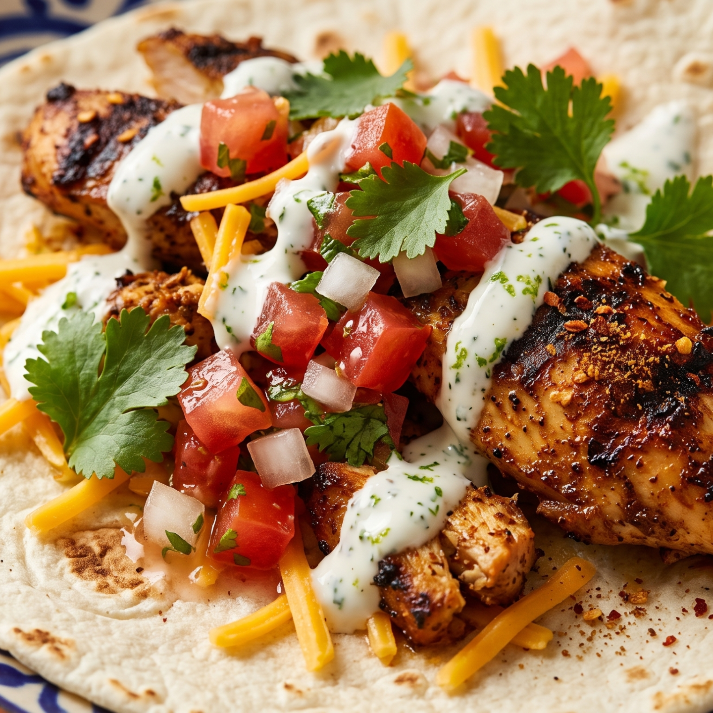 Grilled chicken taco with cheese, salsa, cilantro, and cream on a flour tortilla.