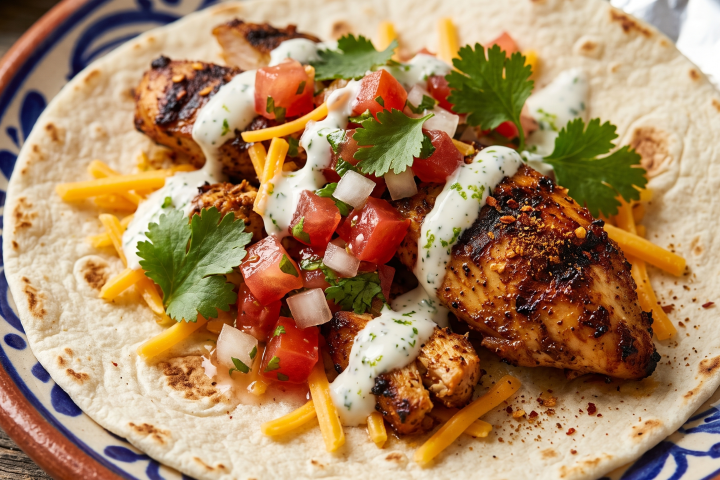 Grilled chicken taco with cheese, salsa, cilantro, and cream on a flour tortilla.