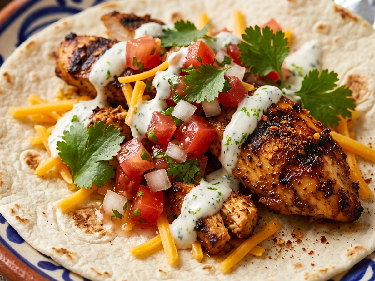 Grilled chicken taco with cheese, salsa, cilantro, and cream on a flour tortilla.