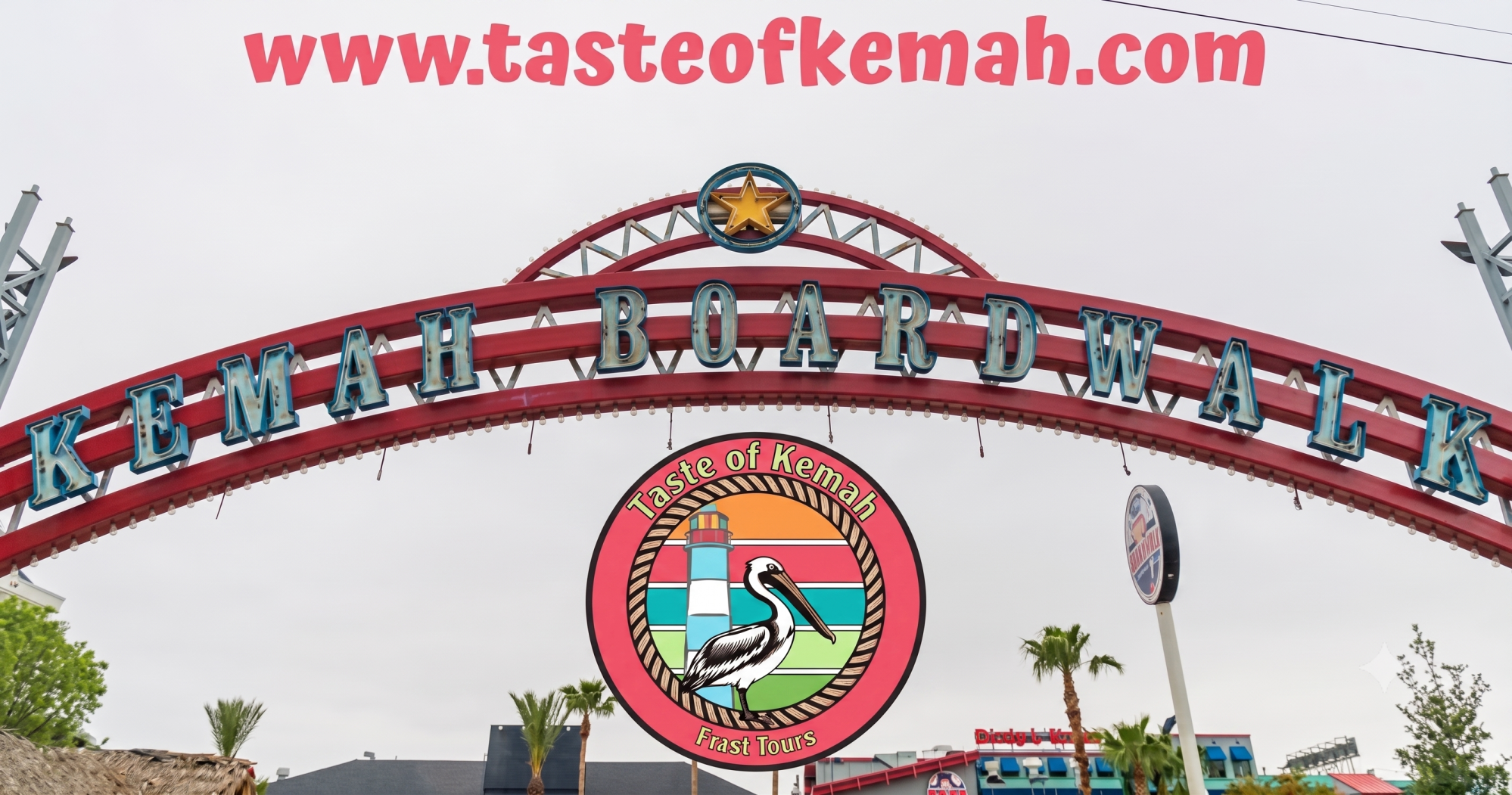 Entrance sign to Kemah Boardwalk with website and logo beneath.