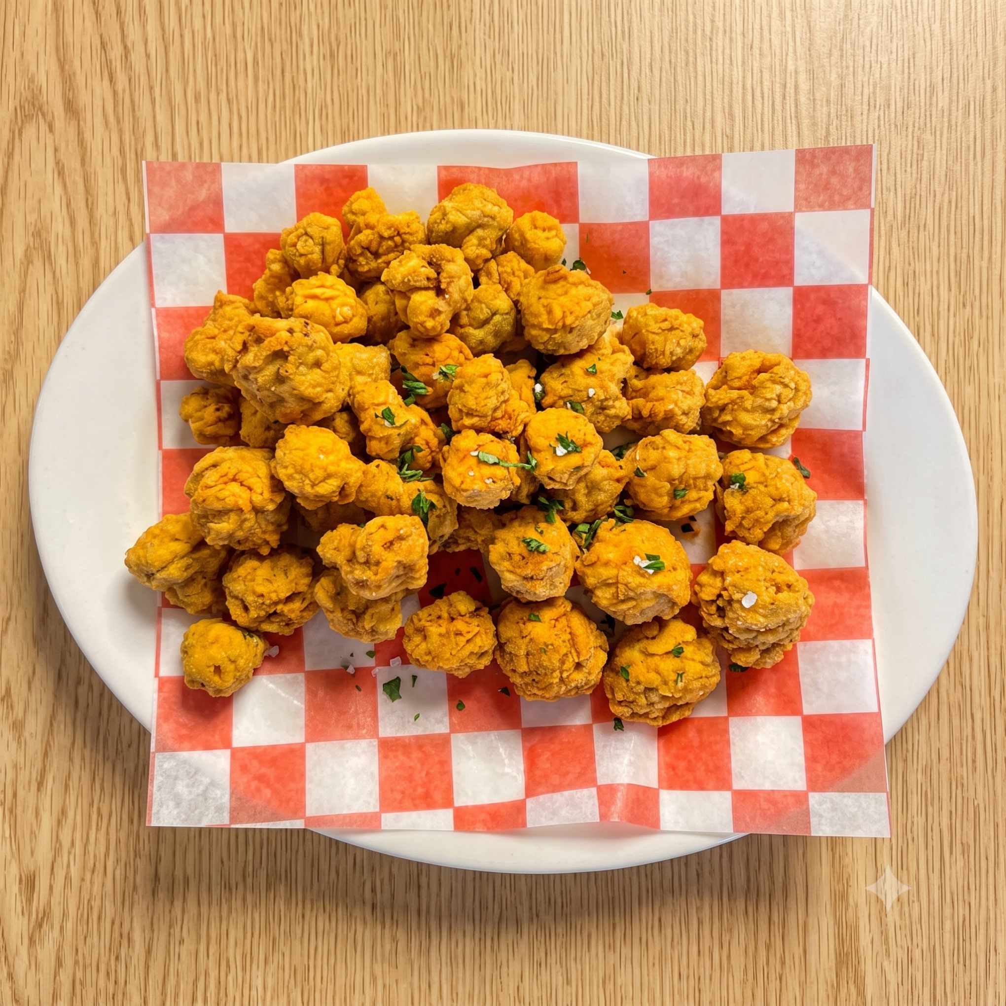Crispy fried cauliflower on red checkered paper on a plate.