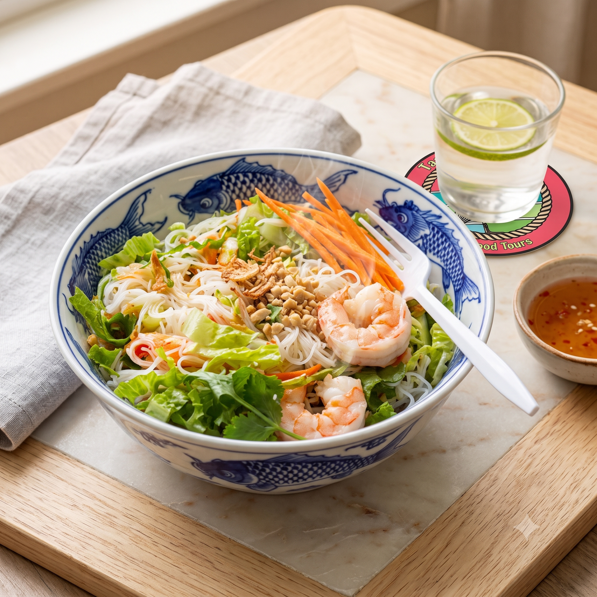 Bowl of noodle salad with shrimp, vegetables, and sauce, on a wooden tray next to a drink with lime.