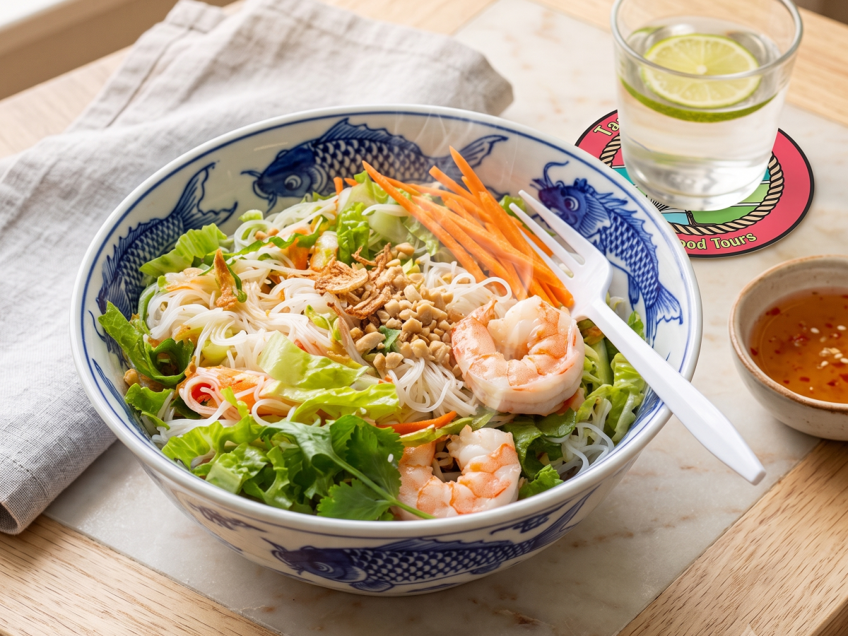 Bowl of noodle salad with shrimp, vegetables, and sauce, on a wooden tray next to a drink with lime.