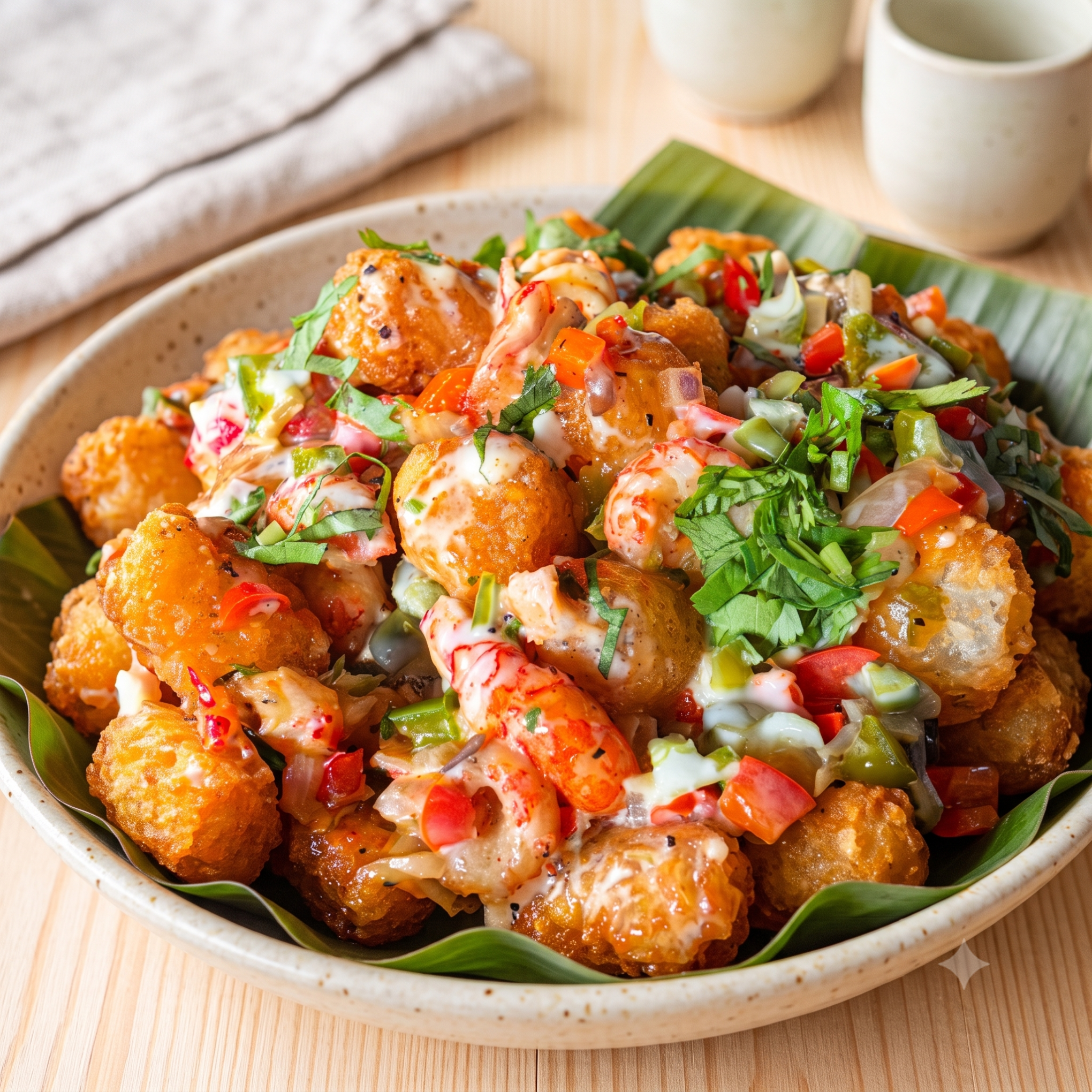 Plate of loaded tater tots topped with diced veggies and sauce.