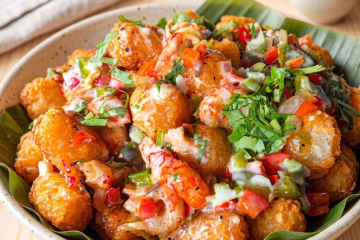 Plate of loaded tater tots topped with diced veggies and sauce.