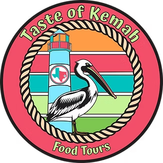 Logo with pelican, lighthouse, and text 'Taste of Kemah Food Tours'.