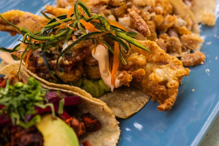 Three gourmet tacos with various toppings on a blue plate.