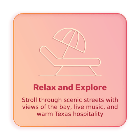 Icon of a lounge chair and umbrella with text promoting relaxation and exploration.
