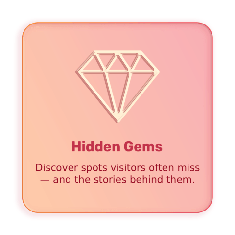 Icon of a diamond on pink gradient background with text 'Hidden Gems: Discover spots visitors often miss.'