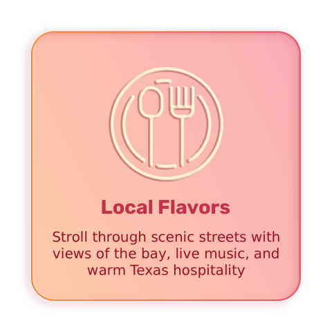 Pink gradient square with utensils icon, text about Texas local flavors and scenic views.