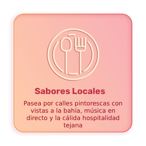 Pink square with utensil icon and Spanish text promoting local flavors.