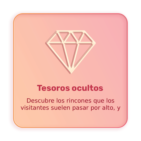 Gradient background with diamond icon and Spanish text about 'hidden treasures'.