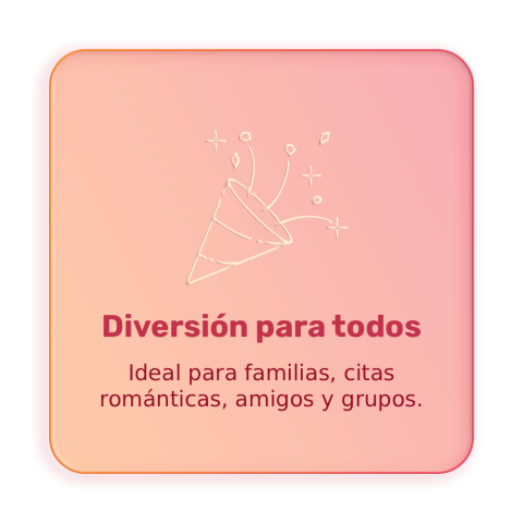 Icon of a confetti popper on a pink gradient background with Spanish text about fun for everyone.