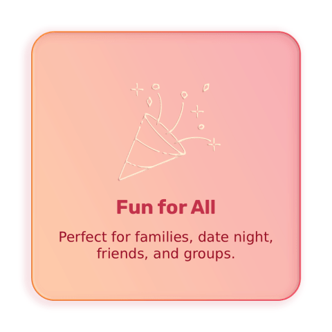 Party popper icon with 'Fun for All' text on a pink gradient background.